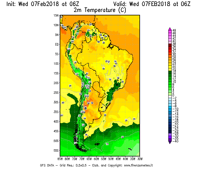 Mappa di analisi GFS - Temperatura a 2 metri dal suolo [°C] in Sud-America
							del 07/02/2018 06 <!--googleoff: index-->UTC<!--googleon: index-->