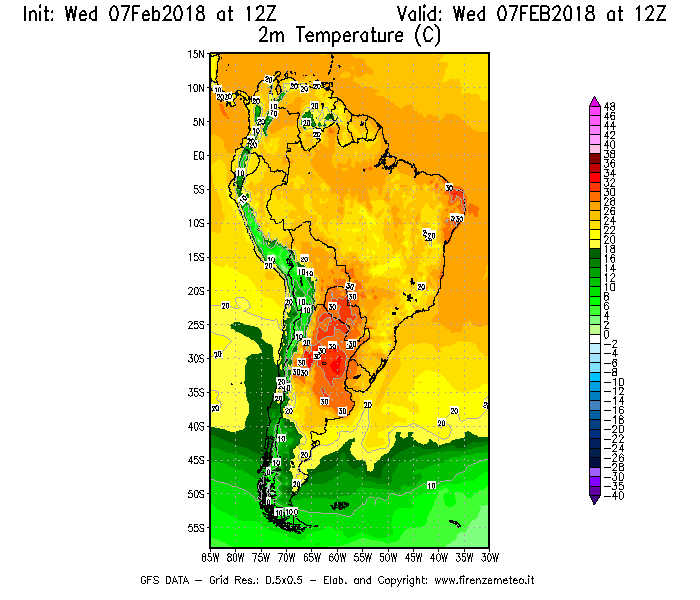 Mappa di analisi GFS - Temperatura a 2 metri dal suolo [°C] in Sud-America
							del 07/02/2018 12 <!--googleoff: index-->UTC<!--googleon: index-->