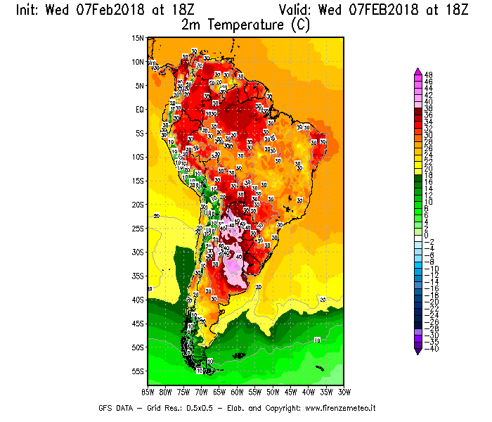Mappa di analisi GFS - Temperatura a 2 metri dal suolo [°C] in Sud-America
							del 07/02/2018 18 <!--googleoff: index-->UTC<!--googleon: index-->