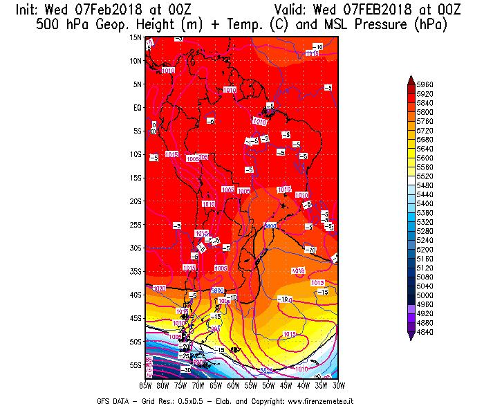Mappa di analisi GFS - Geopotenziale [m] + Temp. [°C] a 500 hPa + Press. a livello del mare [hPa] in Sud-America
							del 07/02/2018 00 <!--googleoff: index-->UTC<!--googleon: index-->