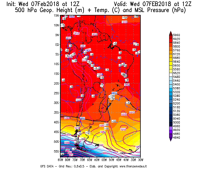 Mappa di analisi GFS - Geopotenziale [m] + Temp. [°C] a 500 hPa + Press. a livello del mare [hPa] in Sud-America
							del 07/02/2018 12 <!--googleoff: index-->UTC<!--googleon: index-->
