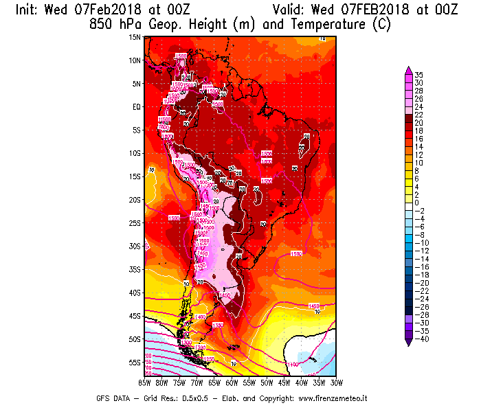 Mappa di analisi GFS - Geopotenziale [m] e Temperatura [°C] a 850 hPa in Sud-America
							del 07/02/2018 00 <!--googleoff: index-->UTC<!--googleon: index-->
