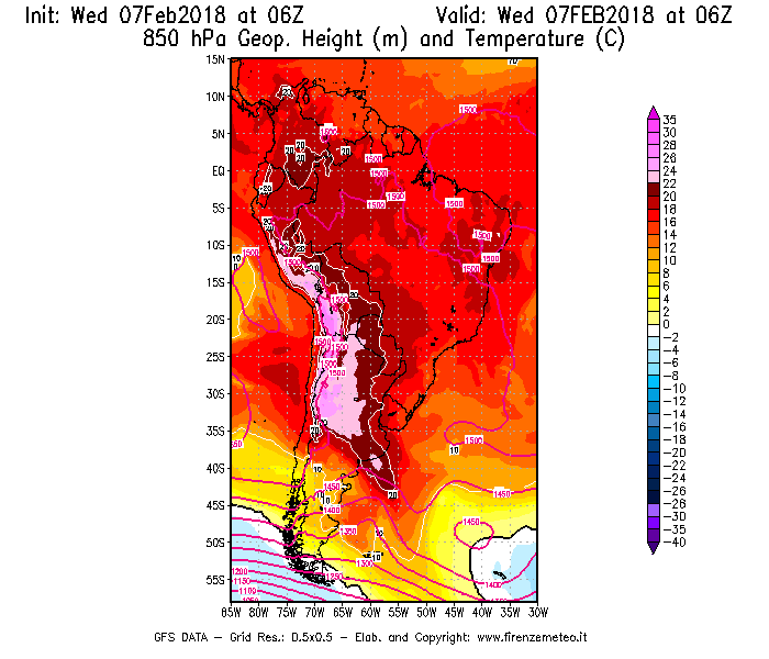Mappa di analisi GFS - Geopotenziale [m] e Temperatura [°C] a 850 hPa in Sud-America
							del 07/02/2018 06 <!--googleoff: index-->UTC<!--googleon: index-->