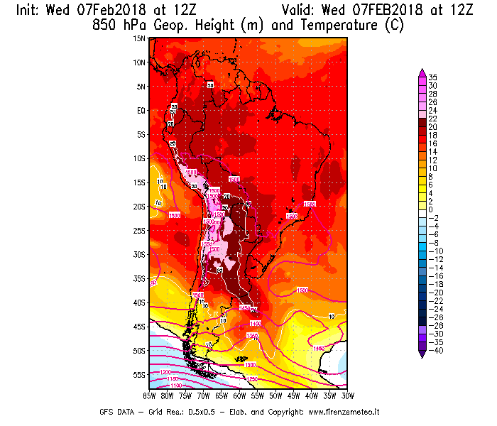Mappa di analisi GFS - Geopotenziale [m] e Temperatura [°C] a 850 hPa in Sud-America
							del 07/02/2018 12 <!--googleoff: index-->UTC<!--googleon: index-->