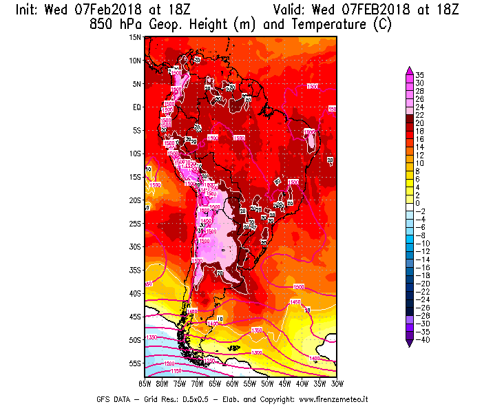 Mappa di analisi GFS - Geopotenziale [m] e Temperatura [°C] a 850 hPa in Sud-America
							del 07/02/2018 18 <!--googleoff: index-->UTC<!--googleon: index-->