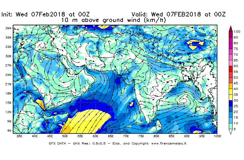 Mappa di analisi GFS - Velocità del vento a 10 metri dal suolo [km/h] in Asia Sud-Occidentale
							del 07/02/2018 00 <!--googleoff: index-->UTC<!--googleon: index-->