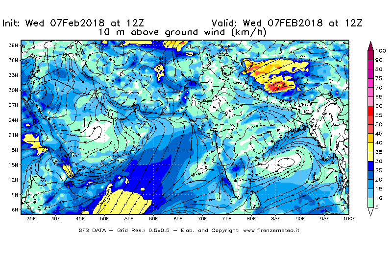 Mappa di analisi GFS - Velocità del vento a 10 metri dal suolo [km/h] in Asia Sud-Occidentale
							del 07/02/2018 12 <!--googleoff: index-->UTC<!--googleon: index-->