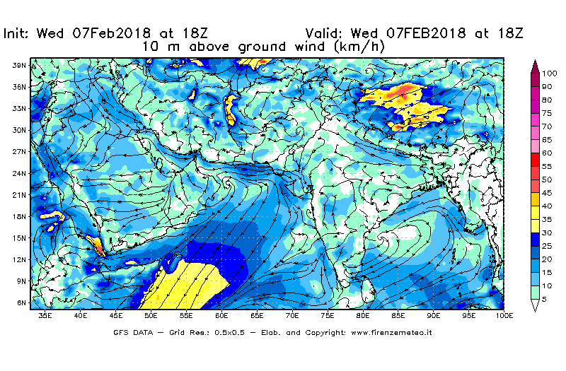 Mappa di analisi GFS - Velocità del vento a 10 metri dal suolo [km/h] in Asia Sud-Occidentale
							del 07/02/2018 18 <!--googleoff: index-->UTC<!--googleon: index-->