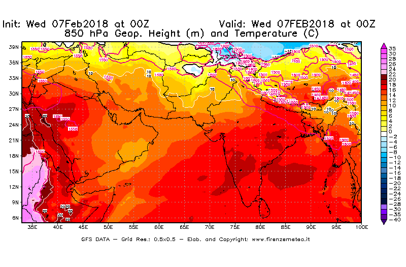 Mappa di analisi GFS - Geopotenziale [m] e Temperatura [°C] a 850 hPa in Asia Sud-Occidentale
							del 07/02/2018 00 <!--googleoff: index-->UTC<!--googleon: index-->