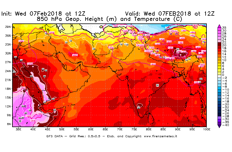 Mappa di analisi GFS - Geopotenziale [m] e Temperatura [°C] a 850 hPa in Asia Sud-Occidentale
							del 07/02/2018 12 <!--googleoff: index-->UTC<!--googleon: index-->