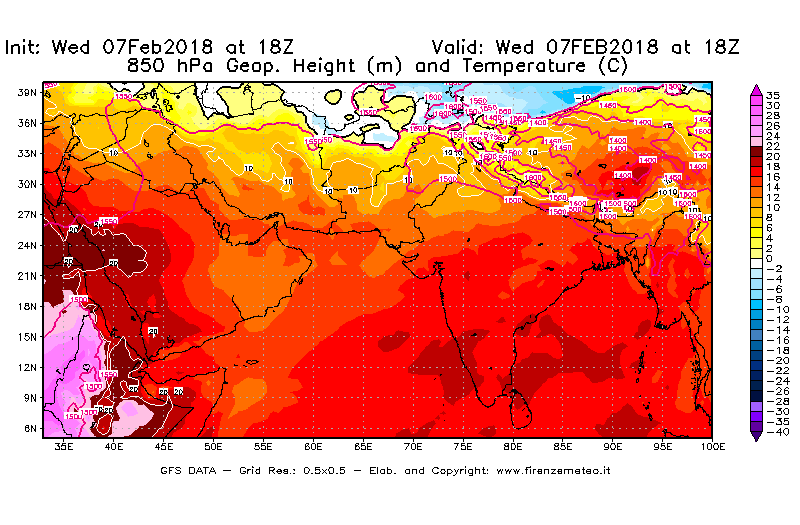Mappa di analisi GFS - Geopotenziale [m] e Temperatura [°C] a 850 hPa in Asia Sud-Occidentale
							del 07/02/2018 18 <!--googleoff: index-->UTC<!--googleon: index-->