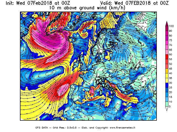 Mappa di analisi GFS - Velocità del vento a 10 metri dal suolo [km/h] in Europa
							del 07/02/2018 00 <!--googleoff: index-->UTC<!--googleon: index-->