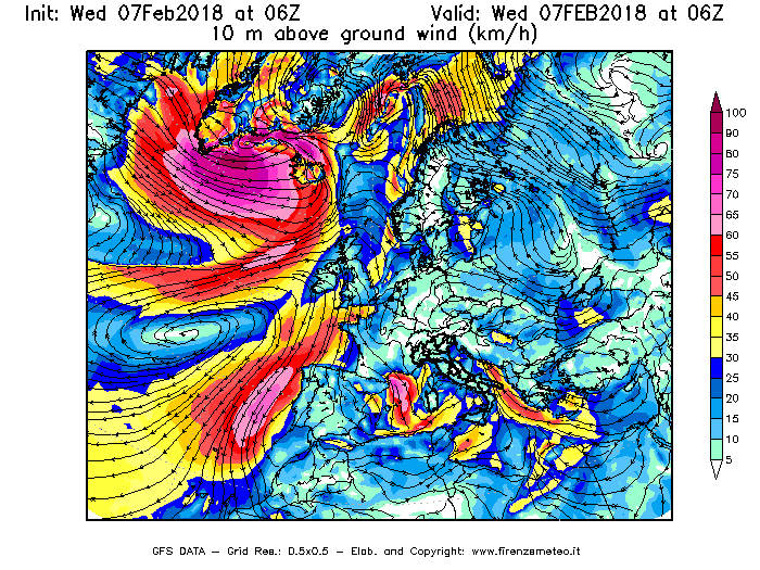 Mappa di analisi GFS - Velocità del vento a 10 metri dal suolo [km/h] in Europa
							del 07/02/2018 06 <!--googleoff: index-->UTC<!--googleon: index-->