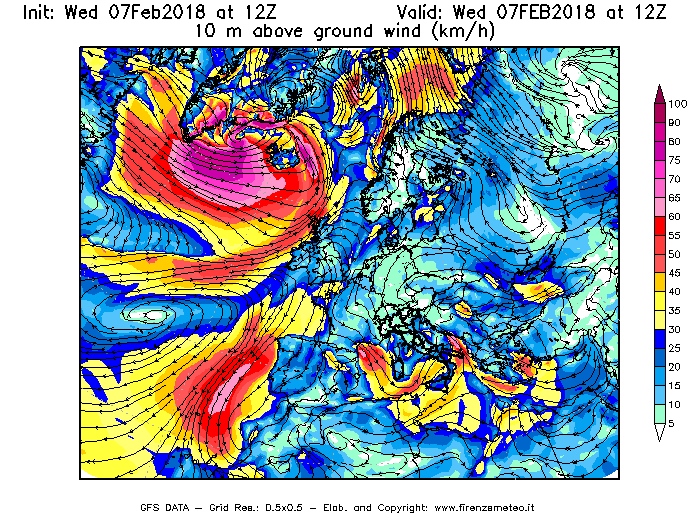 Mappa di analisi GFS - Velocità del vento a 10 metri dal suolo [km/h] in Europa
							del 07/02/2018 12 <!--googleoff: index-->UTC<!--googleon: index-->