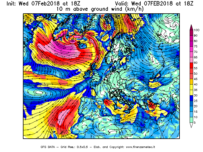 Mappa di analisi GFS - Velocità del vento a 10 metri dal suolo [km/h] in Europa
							del 07/02/2018 18 <!--googleoff: index-->UTC<!--googleon: index-->