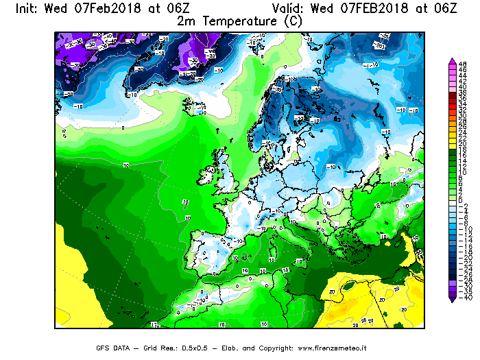 Mappa di analisi GFS - Temperatura a 2 metri dal suolo [°C] in Europa
							del 07/02/2018 06 <!--googleoff: index-->UTC<!--googleon: index-->