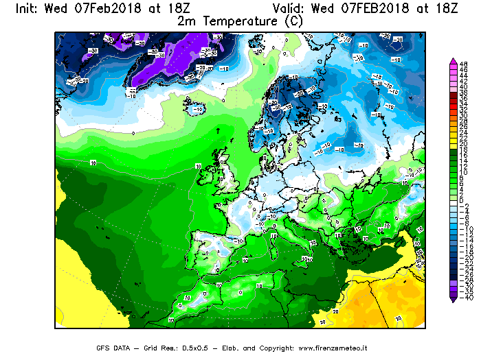 Mappa di analisi GFS - Temperatura a 2 metri dal suolo [°C] in Europa
							del 07/02/2018 18 <!--googleoff: index-->UTC<!--googleon: index-->