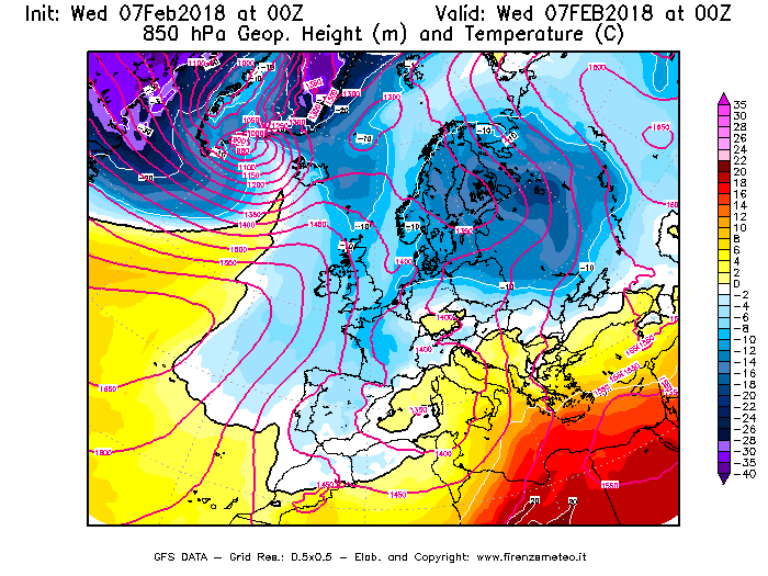 Mappa di analisi GFS - Geopotenziale [m] e Temperatura [°C] a 850 hPa in Europa
							del 07/02/2018 00 <!--googleoff: index-->UTC<!--googleon: index-->