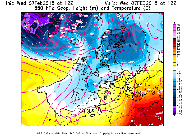 Mappa di analisi GFS - Geopotenziale [m] e Temperatura [°C] a 850 hPa in Europa
							del 07/02/2018 12 <!--googleoff: index-->UTC<!--googleon: index-->