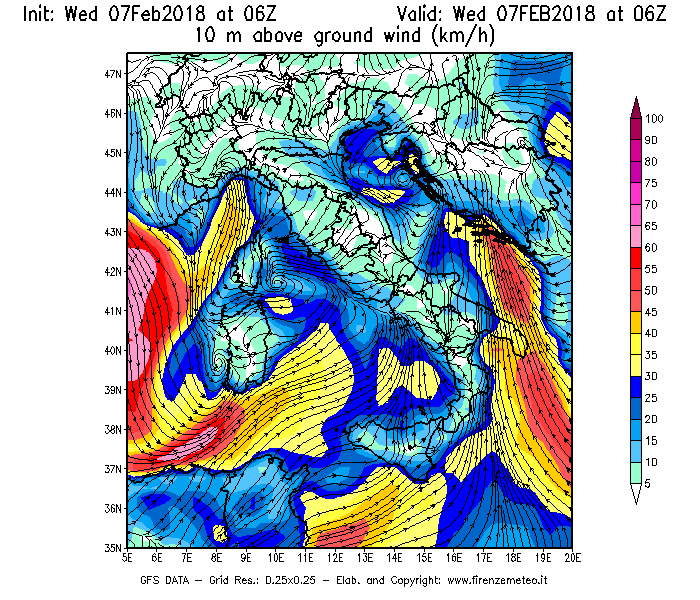 Mappa di analisi GFS - Velocità del vento a 10 metri dal suolo [km/h] in Italia
							del 07/02/2018 06 <!--googleoff: index-->UTC<!--googleon: index-->