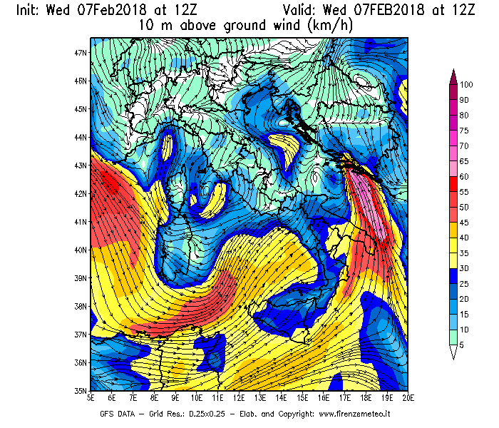 Mappa di analisi GFS - Velocità del vento a 10 metri dal suolo [km/h] in Italia
							del 07/02/2018 12 <!--googleoff: index-->UTC<!--googleon: index-->