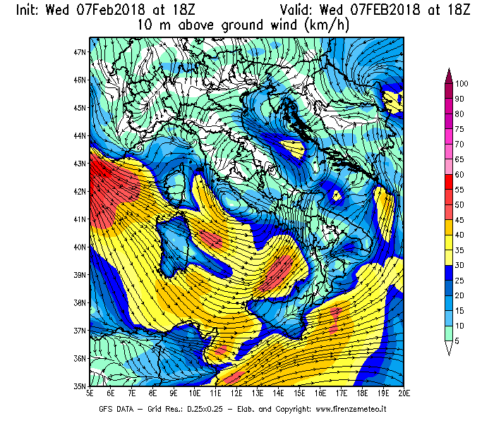 Mappa di analisi GFS - Velocità del vento a 10 metri dal suolo [km/h] in Italia
							del 07/02/2018 18 <!--googleoff: index-->UTC<!--googleon: index-->