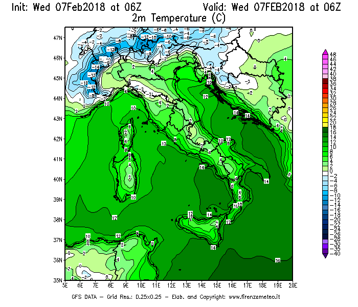 Mappa di analisi GFS - Temperatura a 2 metri dal suolo [°C] in Italia
							del 07/02/2018 06 <!--googleoff: index-->UTC<!--googleon: index-->