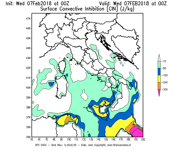 Mappa di analisi GFS - CIN [J/kg] in Italia
							del 07/02/2018 00 <!--googleoff: index-->UTC<!--googleon: index-->