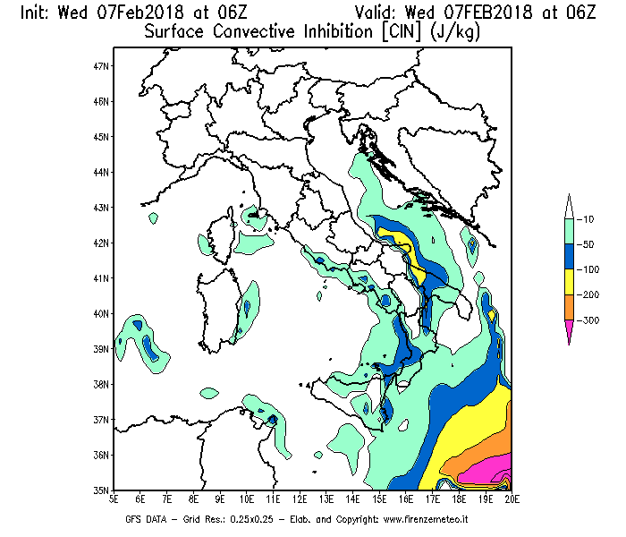 Mappa di analisi GFS - CIN [J/kg] in Italia
							del 07/02/2018 06 <!--googleoff: index-->UTC<!--googleon: index-->