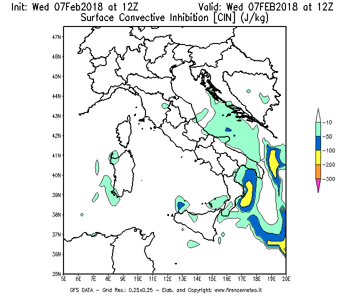 Mappa di analisi GFS - CIN [J/kg] in Italia
							del 07/02/2018 12 <!--googleoff: index-->UTC<!--googleon: index-->