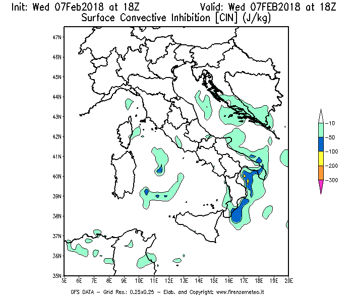 Mappa di analisi GFS - CIN [J/kg] in Italia
							del 07/02/2018 18 <!--googleoff: index-->UTC<!--googleon: index-->