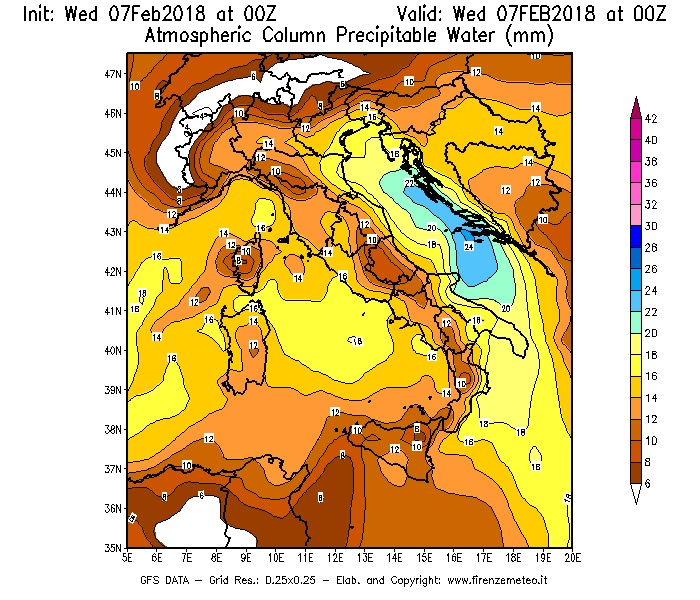 Mappa di analisi GFS - Precipitable Water [mm] in Italia
							del 07/02/2018 00 <!--googleoff: index-->UTC<!--googleon: index-->