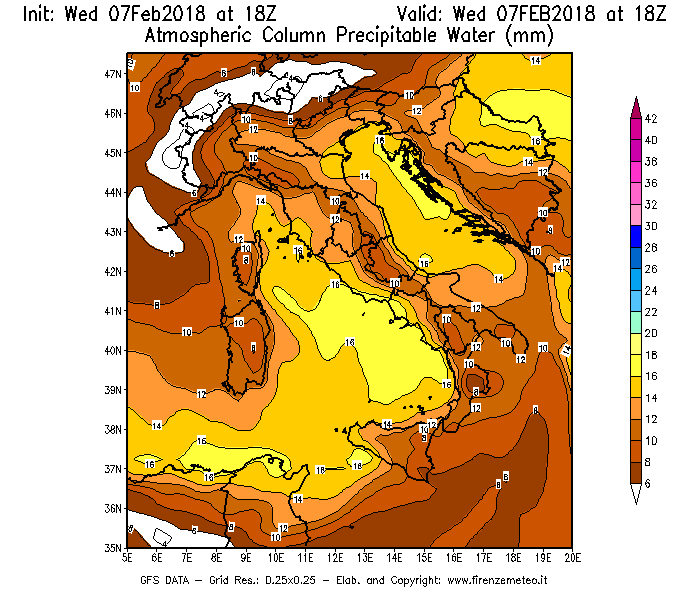 Mappa di analisi GFS - Precipitable Water [mm] in Italia
							del 07/02/2018 18 <!--googleoff: index-->UTC<!--googleon: index-->