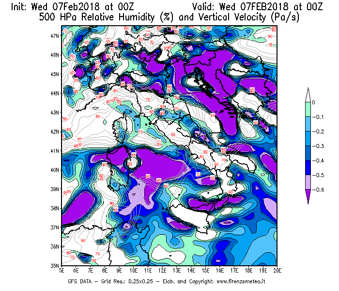 Mappa di analisi GFS - Umidità relativa [%] e Omega [Pa/s] a 500 hPa in Italia
							del 07/02/2018 00 <!--googleoff: index-->UTC<!--googleon: index-->