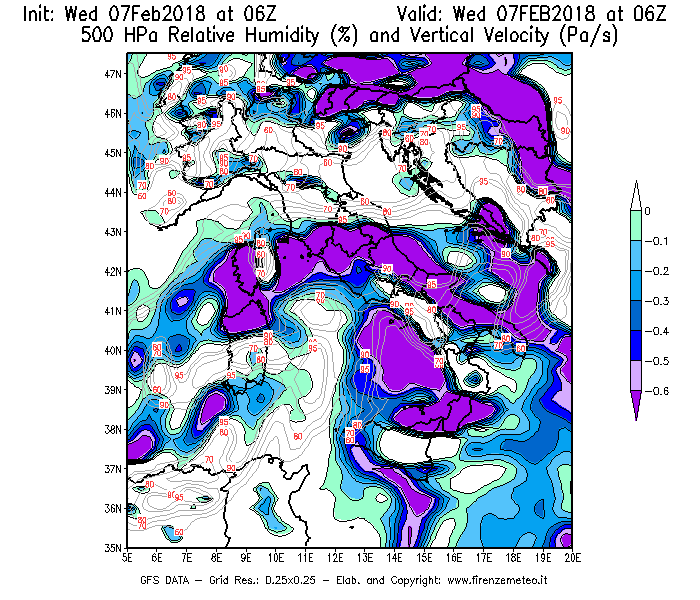 Mappa di analisi GFS - Umidità relativa [%] e Omega [Pa/s] a 500 hPa in Italia
							del 07/02/2018 06 <!--googleoff: index-->UTC<!--googleon: index-->