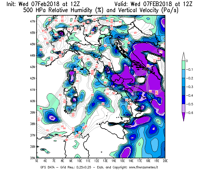Mappa di analisi GFS - Umidità relativa [%] e Omega [Pa/s] a 500 hPa in Italia
							del 07/02/2018 12 <!--googleoff: index-->UTC<!--googleon: index-->
