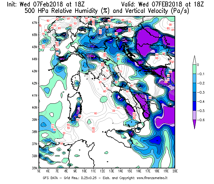 Mappa di analisi GFS - Umidità relativa [%] e Omega [Pa/s] a 500 hPa in Italia
							del 07/02/2018 18 <!--googleoff: index-->UTC<!--googleon: index-->