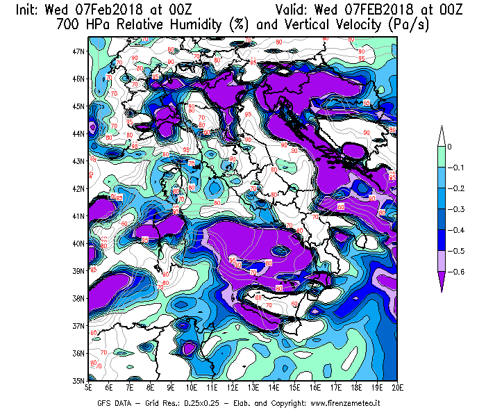 Mappa di analisi GFS - Umidità relativa [%] e Omega [Pa/s] a 700 hPa in Italia
							del 07/02/2018 00 <!--googleoff: index-->UTC<!--googleon: index-->