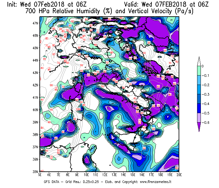 Mappa di analisi GFS - Umidità relativa [%] e Omega [Pa/s] a 700 hPa in Italia
							del 07/02/2018 06 <!--googleoff: index-->UTC<!--googleon: index-->