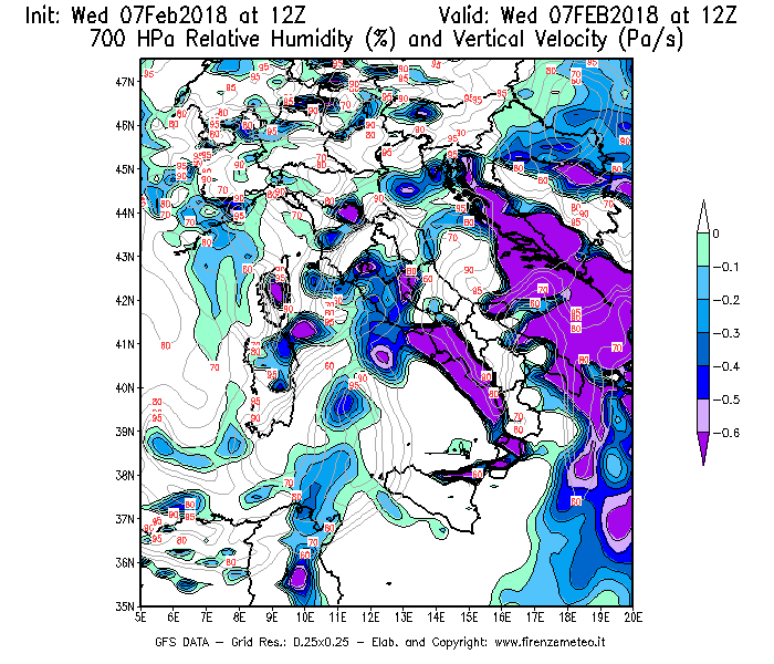 Mappa di analisi GFS - Umidità relativa [%] e Omega [Pa/s] a 700 hPa in Italia
							del 07/02/2018 12 <!--googleoff: index-->UTC<!--googleon: index-->