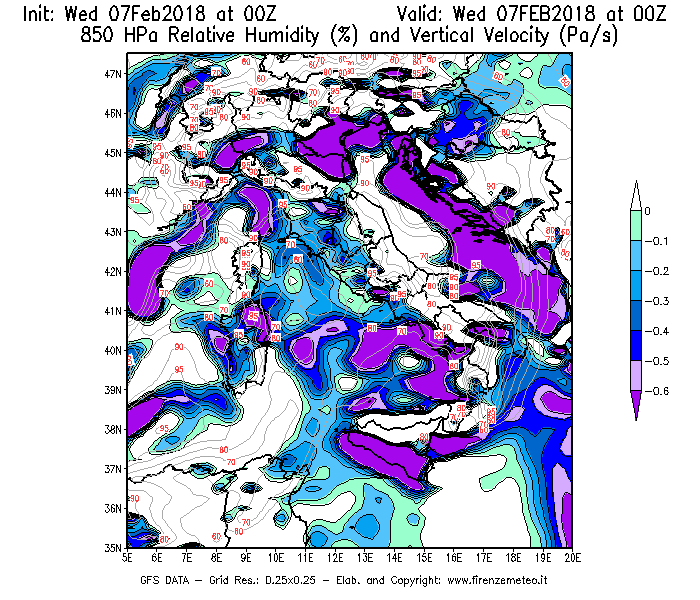 Mappa di analisi GFS - Umidità relativa [%] e Omega [Pa/s] a 850 hPa in Italia
							del 07/02/2018 00 <!--googleoff: index-->UTC<!--googleon: index-->
