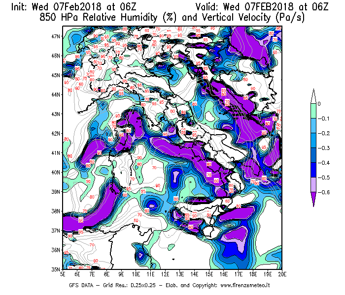 Mappa di analisi GFS - Umidità relativa [%] e Omega [Pa/s] a 850 hPa in Italia
							del 07/02/2018 06 <!--googleoff: index-->UTC<!--googleon: index-->