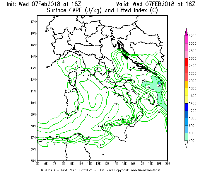 Mappa di analisi GFS - CAPE [J/kg] e Lifted Index [°C] in Italia
							del 07/02/2018 18 <!--googleoff: index-->UTC<!--googleon: index-->