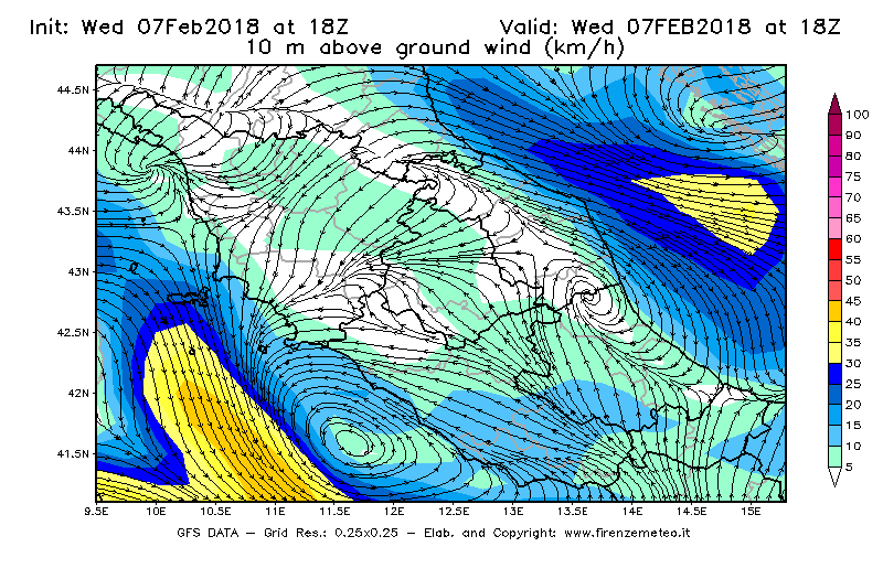 Mappa di analisi GFS - Velocità del vento a 10 metri dal suolo [km/h] in Centro-Italia
							del 07/02/2018 18 <!--googleoff: index-->UTC<!--googleon: index-->