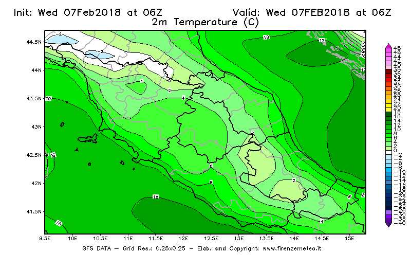 Mappa di analisi GFS - Temperatura a 2 metri dal suolo [°C] in Centro-Italia
							del 07/02/2018 06 <!--googleoff: index-->UTC<!--googleon: index-->