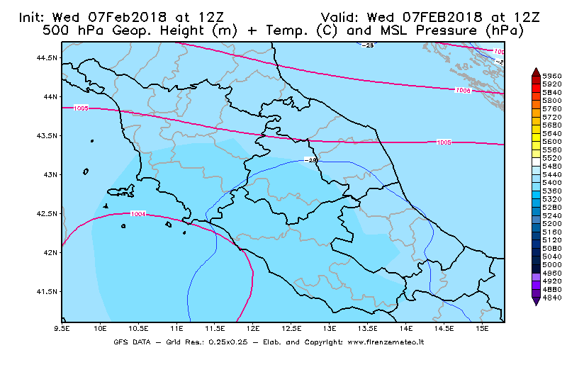Mappa di analisi GFS - Geopotenziale [m] + Temp. [°C] a 500 hPa + Press. a livello del mare [hPa] in Centro-Italia
							del 07/02/2018 12 <!--googleoff: index-->UTC<!--googleon: index-->