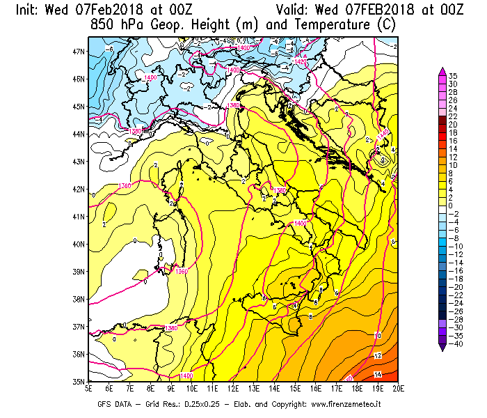 Mappa di analisi GFS - Geopotenziale [m] e Temperatura [°C] a 850 hPa in Italia
							del 07/02/2018 00 <!--googleoff: index-->UTC<!--googleon: index-->