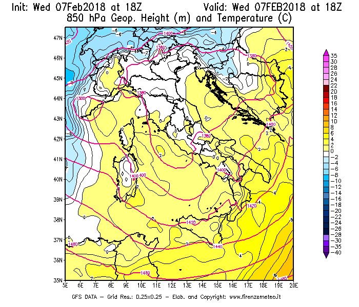 Mappa di analisi GFS - Geopotenziale [m] e Temperatura [°C] a 850 hPa in Italia
							del 07/02/2018 18 <!--googleoff: index-->UTC<!--googleon: index-->