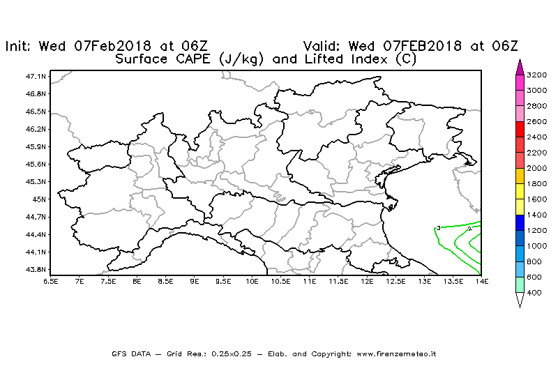 Mappa di analisi GFS - CAPE [J/kg] e Lifted Index [°C] in Nord-Italia
							del 07/02/2018 06 <!--googleoff: index-->UTC<!--googleon: index-->