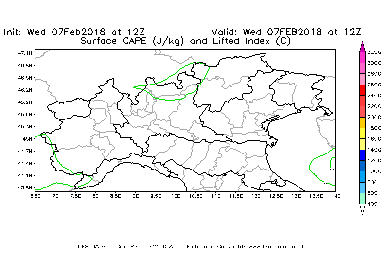 Mappa di analisi GFS - CAPE [J/kg] e Lifted Index [°C] in Nord-Italia
							del 07/02/2018 12 <!--googleoff: index-->UTC<!--googleon: index-->